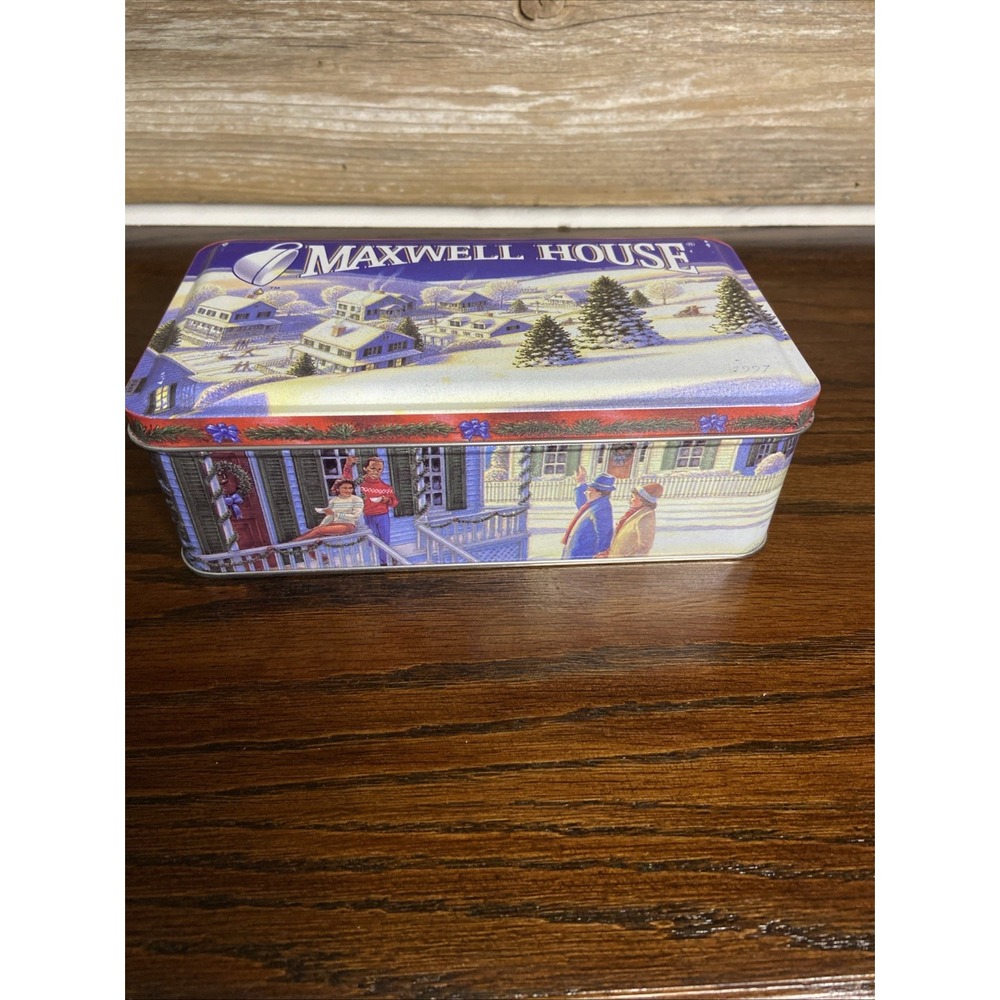 Vintage Maxwell House Holiday Roast Coffee Tin Winter Village Scene Collectible